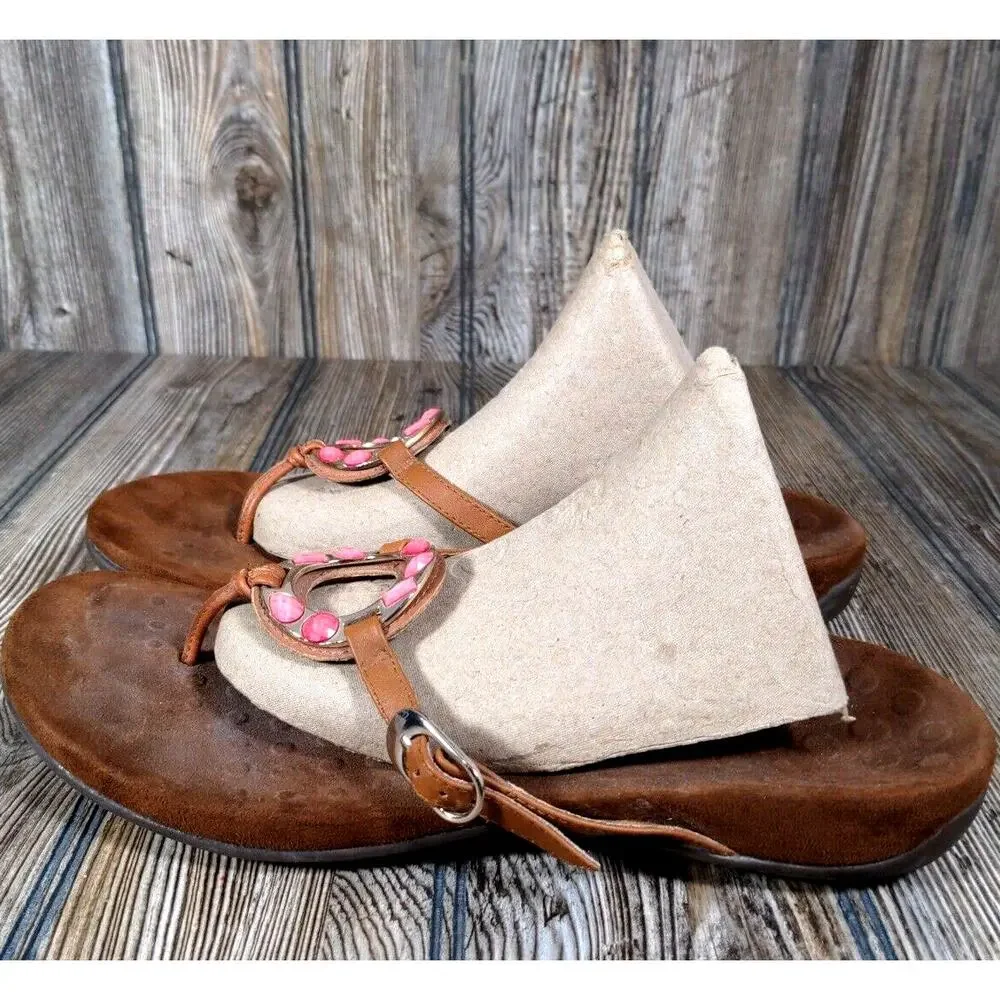 Vionic 340 Ricci Women Thong Sandal Flip Flop Brown‎ Leather Beaded Size 10